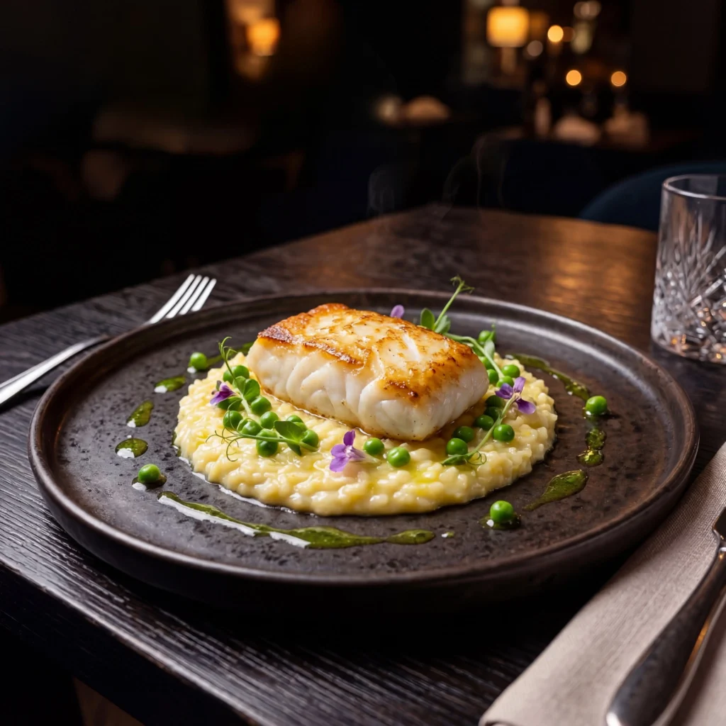 filet z dorsza risotto cytrynowe groszek elegancka restauracja