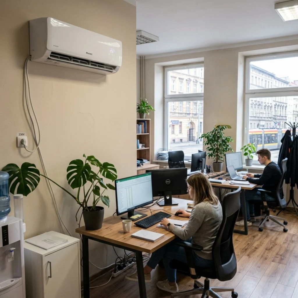 Klimatyzacja w biurze – jednostka ścienna zamontowana nad stanowiskami pracy