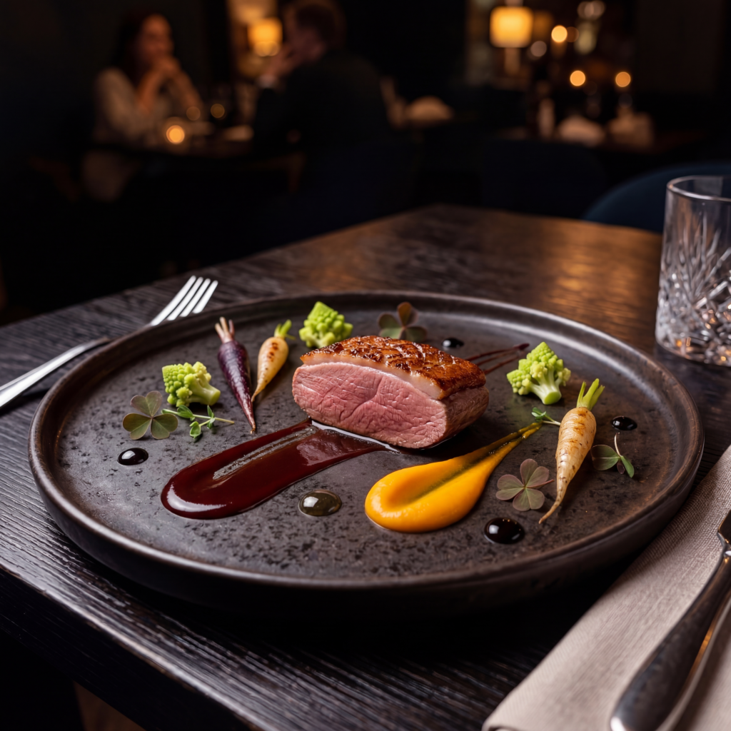 pierś z kaczki przekrój soczyste mięso fine dining restauracja