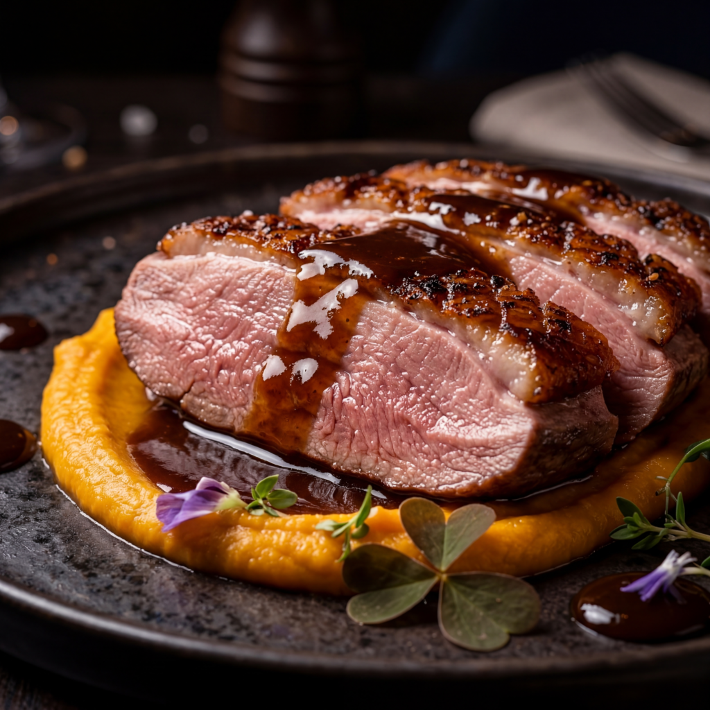 pierś z kaczki puree z batatów demi glace elegancka restauracja