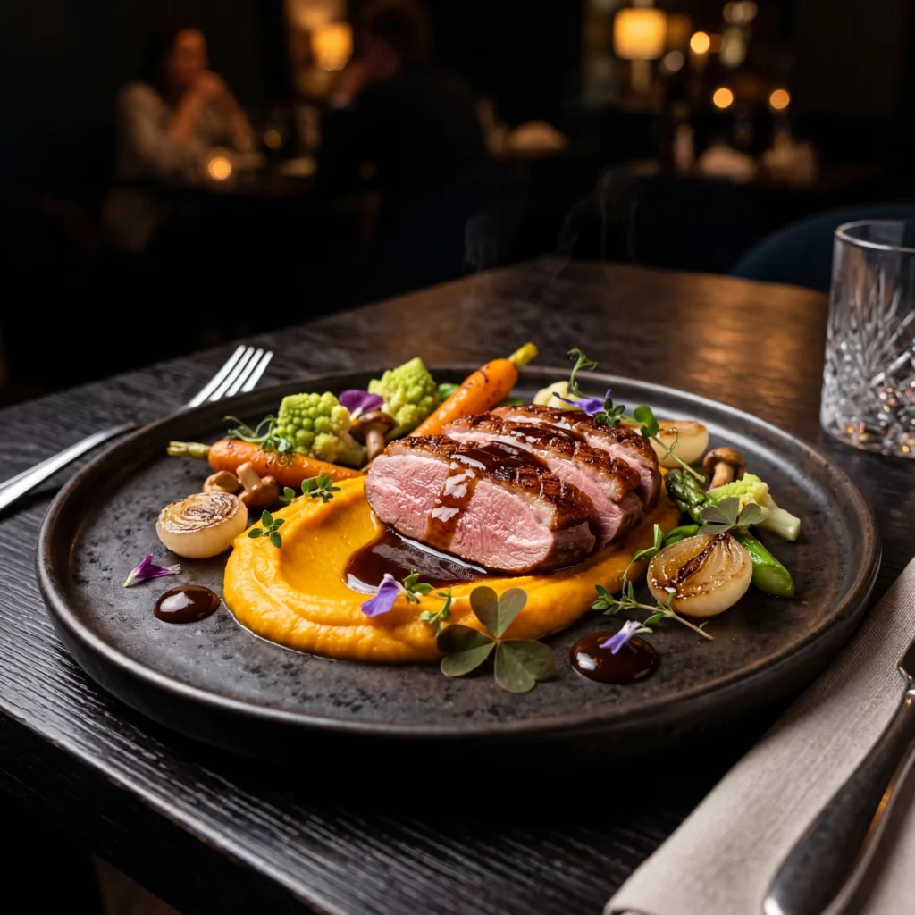 pierś z kaczki puree z batatów demi glace elegancka restauracja