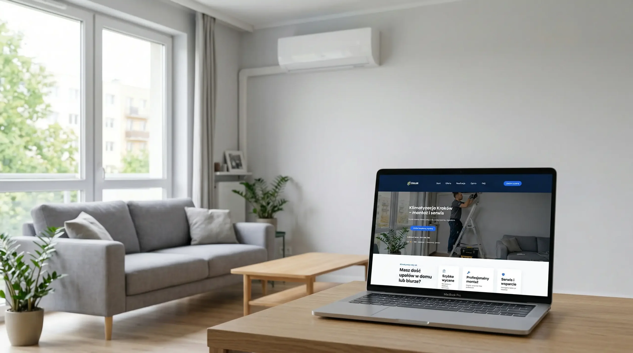 strona internetowa firmy klimatyzacyjnej na laptopie w nowoczesnym wnętrzu