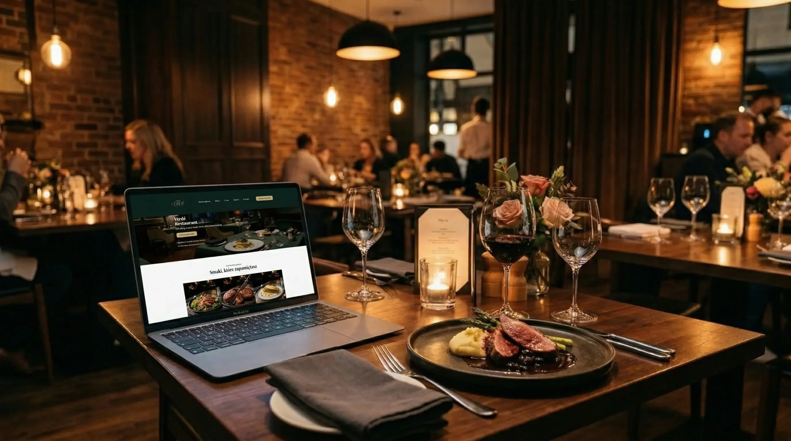 strona internetowa restauracji fine dining na laptopie w eleganckim wnętrzu restauracji