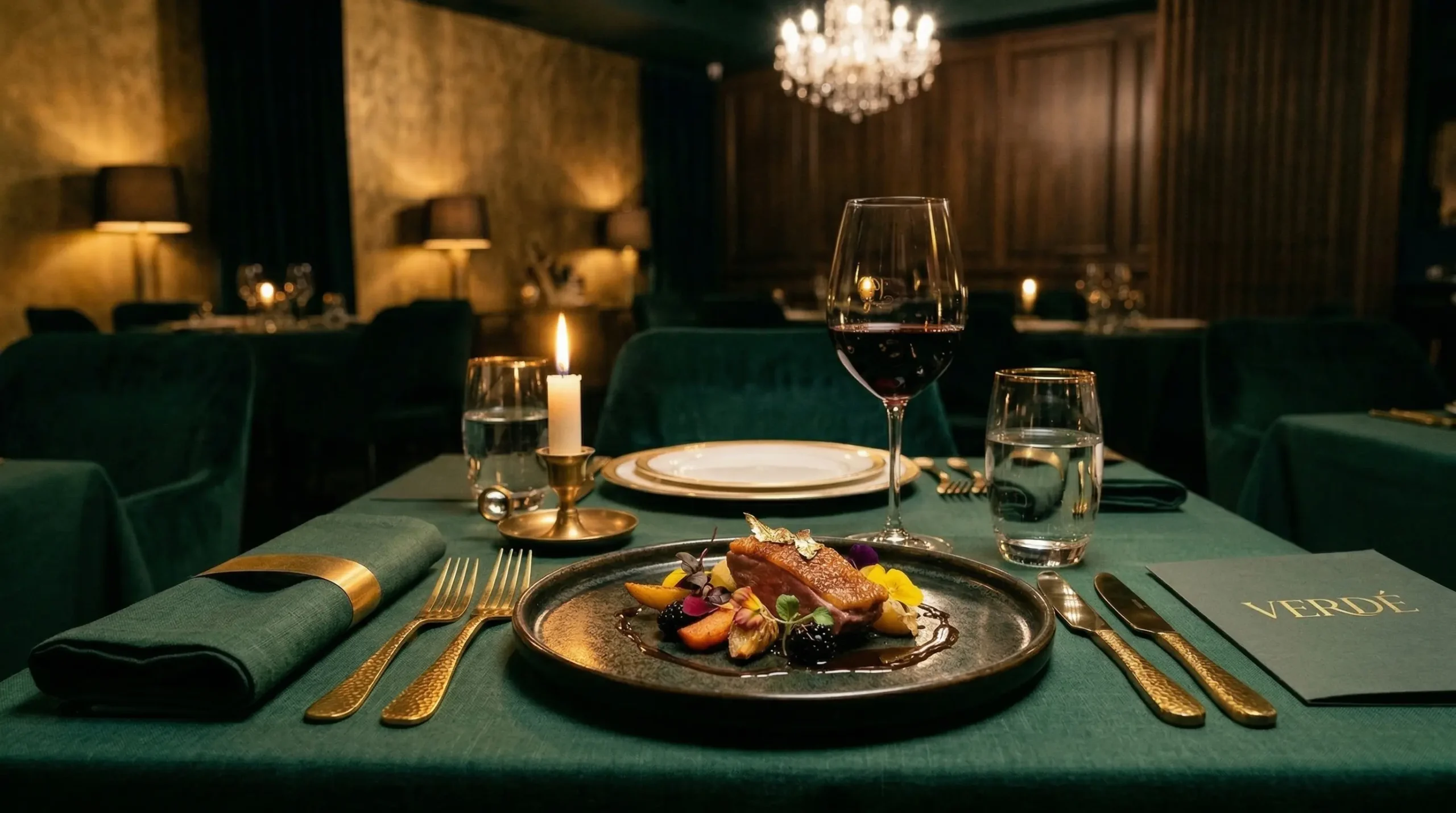 Luksusowa restauracja Verdé – eleganckie wnętrze fine dining z wykwintnym daniem i klimatycznym oświetleniem