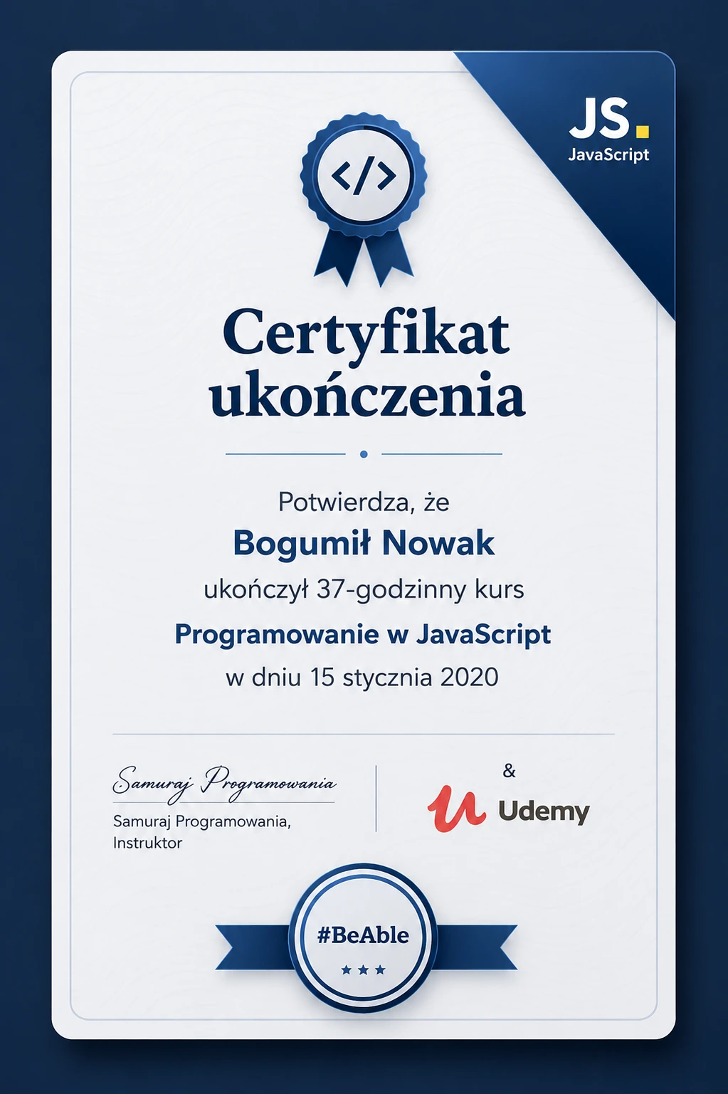 Nowoczesna miniaturka certyfikatu JavaScript Development ukończonego przez Bogumiła Nowaka